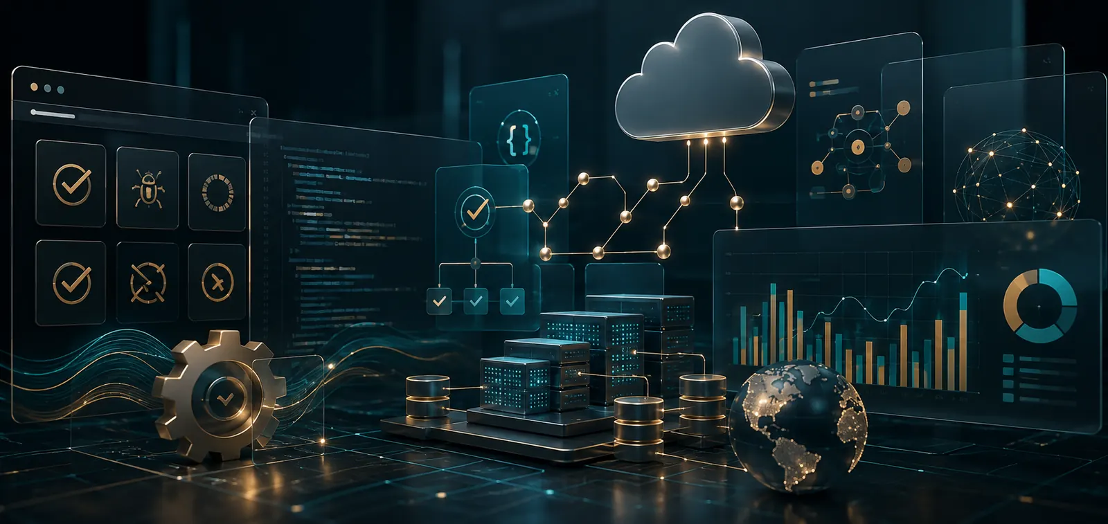 Technology visualization representing cloud, testing, APIs and analytics